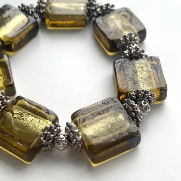 Orange & Gold Handmade Glass & Metal Bracelet Trio with Silver Accents - Picture 4 of 16